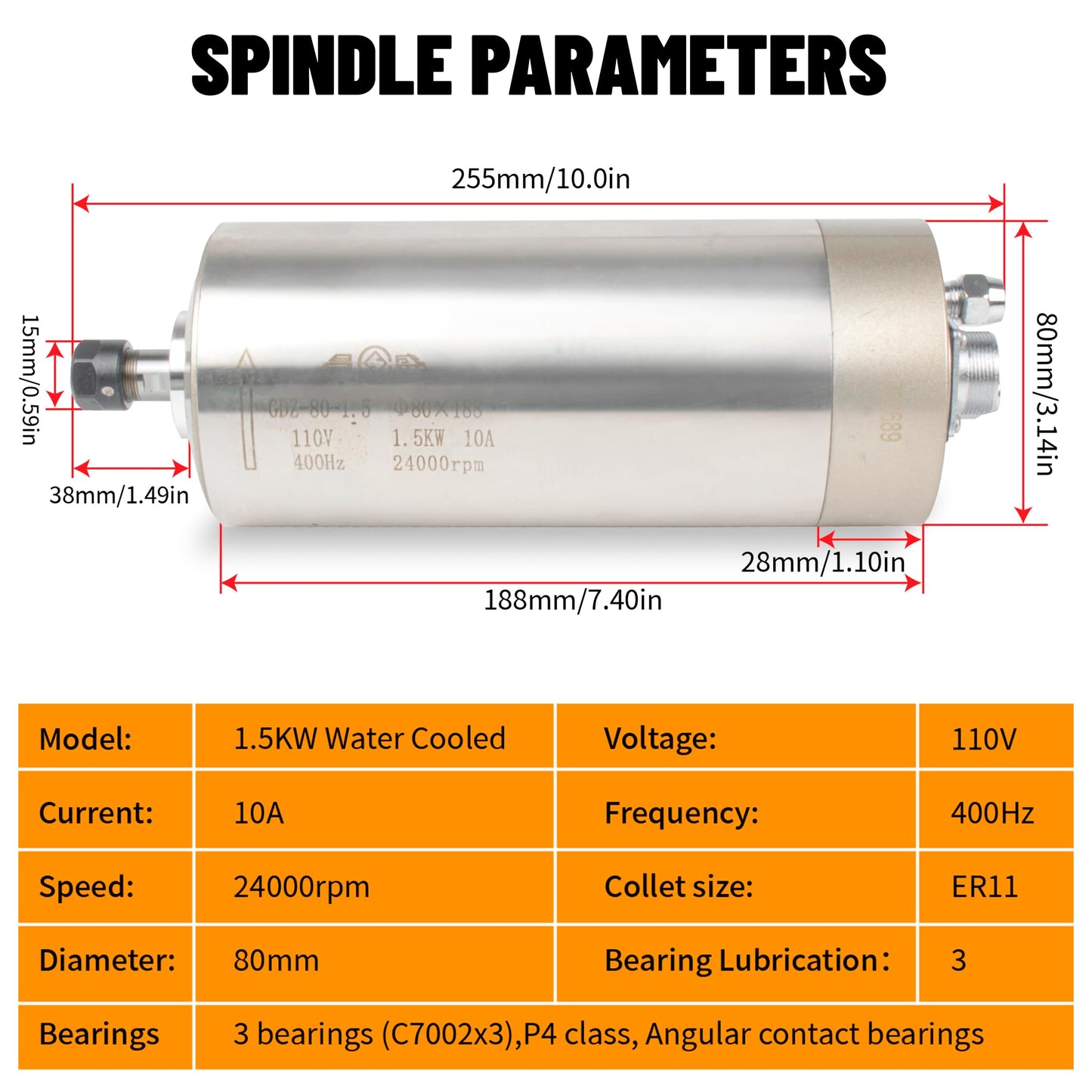 RATTMMOTOR 1.5KW Water Cooled Spindle Kit 80mm Spindle Motor 1500W 110V 400HZ+1.5KW VFD 110V Single to 3 Phase Inverter Variable Frequency Drive+80mm Spindle Mount+ER11 Collet+80W Water Pump for CNC