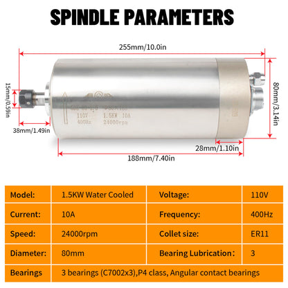 RATTMMOTOR 1.5KW Water Cooled Spindle Kit 80mm Spindle Motor 1500W 110V 400HZ+1.5KW VFD 110V Single to 3 Phase Inverter Variable Frequency Drive+80mm Spindle Mount+ER11 Collet+80W Water Pump for CNC