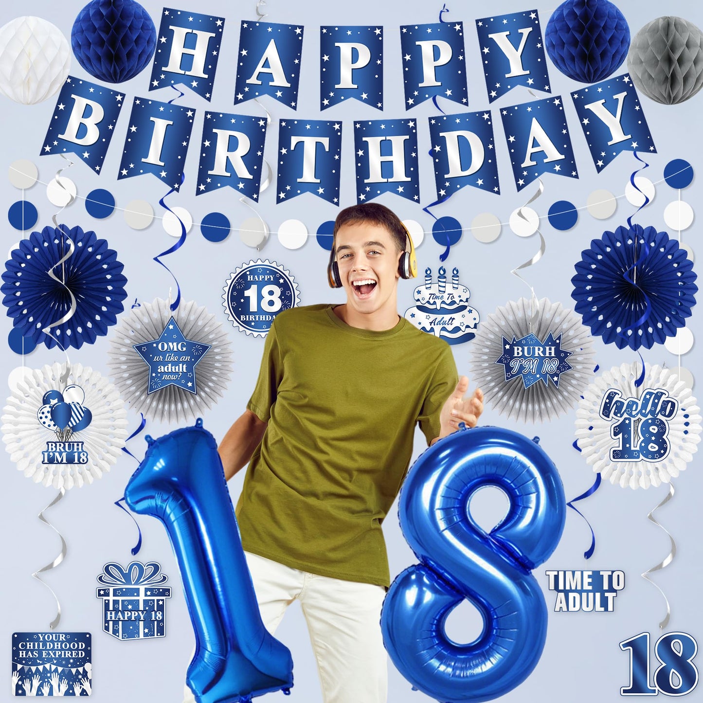 Vlipoeasn 18th Birthday Decorations Set for Boys, Blue Silver 18 Year Old Birthday Banner, Paper Fans,Bruh I'm 18 Party Supplies