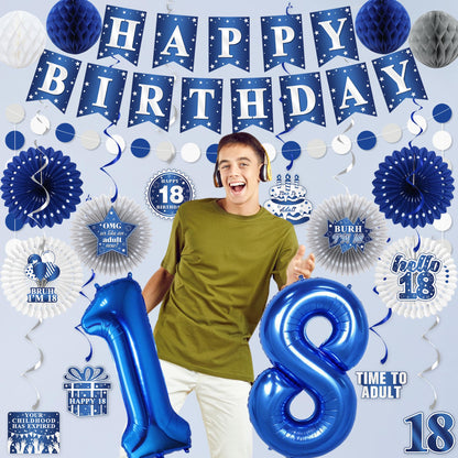 Vlipoeasn 18th Birthday Decorations Set for Boys, Blue Silver 18 Year Old Birthday Banner, Paper Fans,Bruh I'm 18 Party Supplies