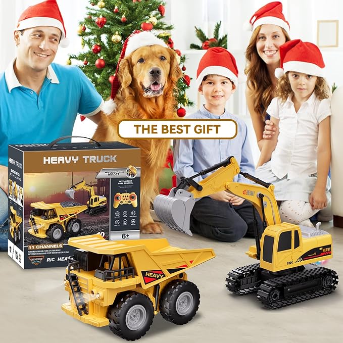 RC Excavator and Dump Truck Toy Set for Kids - 11 Channel Remote Control Construction Vehicle with Lights and Sounds Music 2.4Ghz Rechargable Digger Car Gifts for Boys Kids Ages 6-8