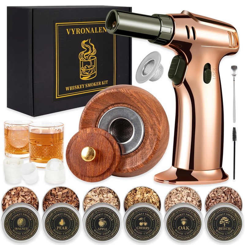 VYRONALEN Whiskey Smoker Kit with Torch, 6 Wood Chip Flavors, 2 Heavy Whiskey Glasses, 2 Ice Ball Molds, Cocktail Smoker Kit for Old Fashioned, Bourbon & Drinks, Gift Set for Men, Father (No Butane)