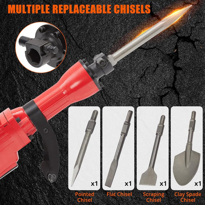 Demolition Jack Hammer 2200W 4PCS Chisels Bit Set W/Case, Demolition Jack Hammer Tool Kit, Noise-Canceling Earplug, Shoulder Strap