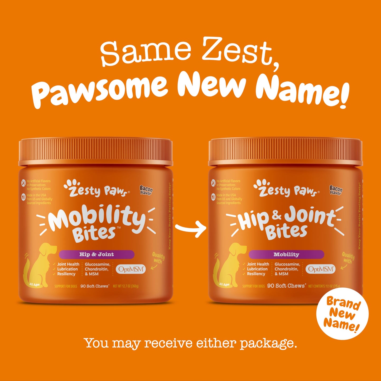 Zesty Paws Hip and Joint for Dogs, Glucosamine for Dogs Hip and Joint Supplement with Chondroitin, MSM, Vitamins C & E - Bacon, 90 Count