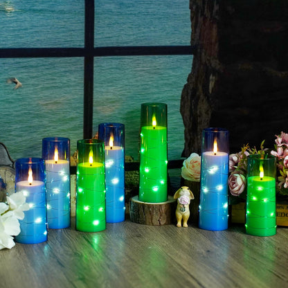 kakoya Flameless LED Candles with Timer 9 Pc Flickering Flameless Candles for Romantic Ambiance and Home Decoration Stable Acrylic Shell,with Embedded Star String，Battery Operated Candles（Green）