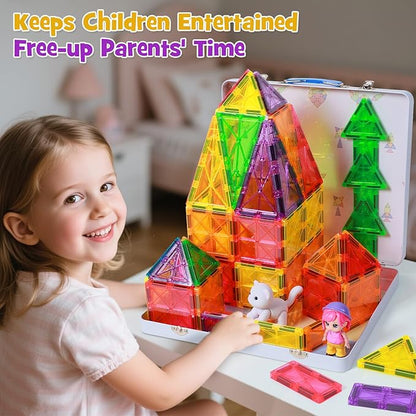 100Pcs Premium Magnetic Tiles Toys Set with Sturdy Iron Case STEM Educational Building Blocks for Kids Ages 3-5 4-8 Montessori Sensory Toys Creative Birthday Gifts for Toddler Boys &amp Girls