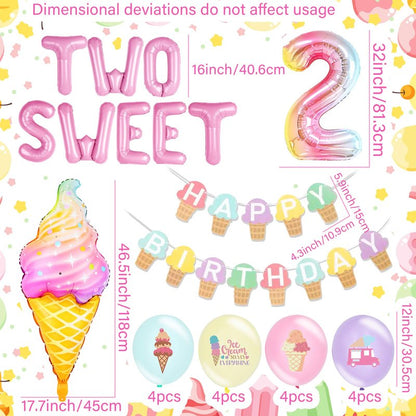 Two Sweet Birthday Party Supplies Decorations 2th Birthday Decorations Ice Cream Party Decoration Number 2 Balloon for Donut Sweet Party Supplies Baby Showers Party Decoration
