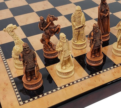 Antique Ivory &amp Brown Norse Viking Chess Set with 18 inch Walnut Color Board