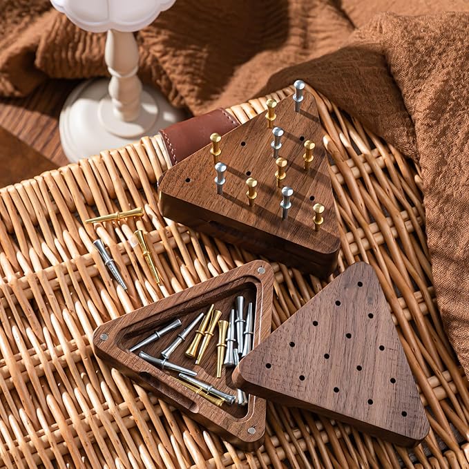 Estune 1 Set 4.3 Inch Walnut Wooden Tricky Triangle Peg Game Portable Board Triangular Game Set with Storage Box for Adults Travel Party