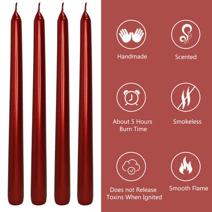 Metal Red Taper Candles Set of 4, 10 Inch Handmade Candle Stick, Unscented Candlesticks, Tapered Candles for Wedding Christmas Dinner Table Home Decor