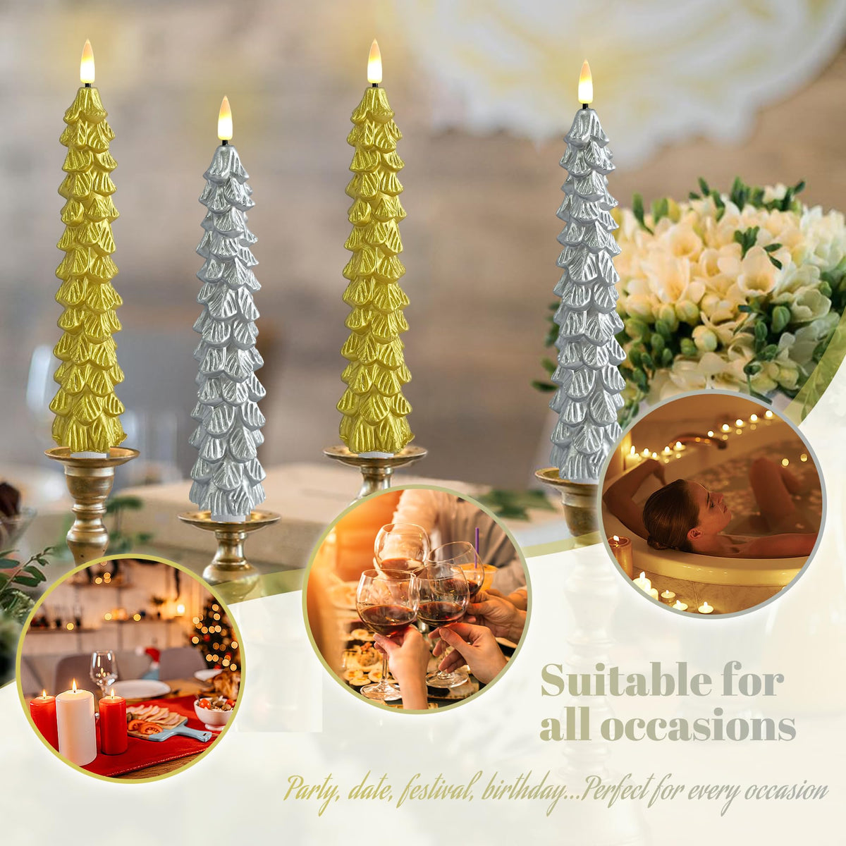 FCMSHAMD Gold Christmas Trees Flickering Flameless Candles with Remote and Timer, Real Wax 3D Flame Wick LED Candles, 9.8 Inch Battery Operated Candles for Christmas Home Decoration，4PCS