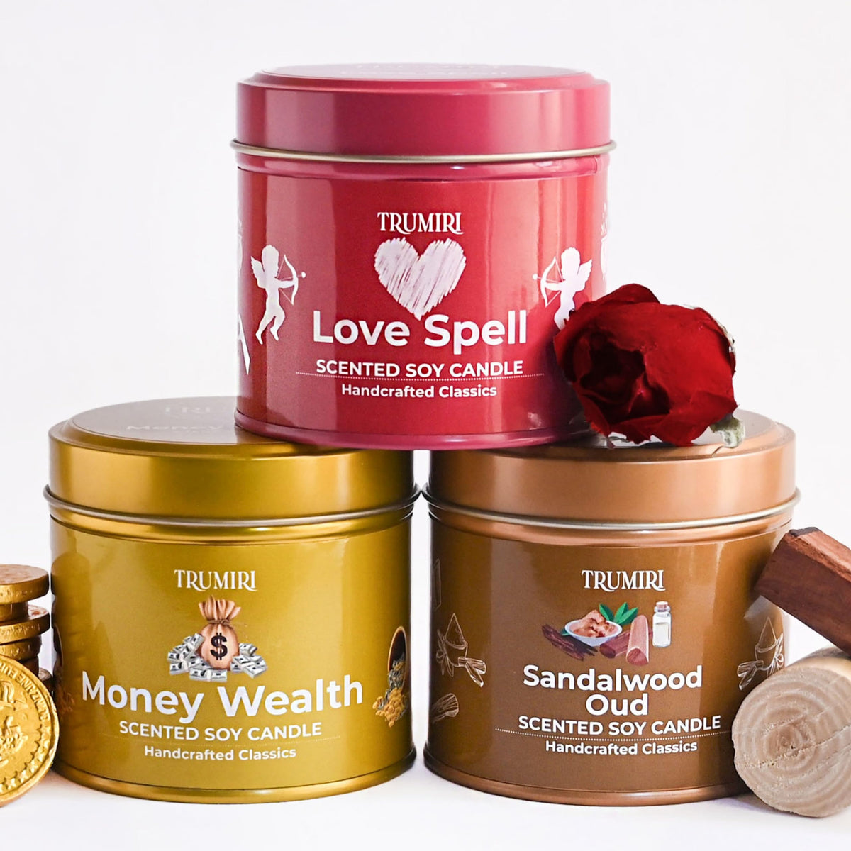 Love Spell, Money Wealth, Sandalwood Oud - Soy Candles Non Toxic - Highly Scented Long Lasting with Essential Oils - Variety Pack of 3 x 5oz - for Home Aromatherapy Meditation Gift Travel