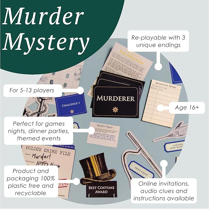Talking Tables Reusable Murder Mystery Game Death on The Boat Interactive Family Dinner Party Games Night Halloween Christmas Solve The Crime Case Detective Clues Age 16+ 5-12 Players