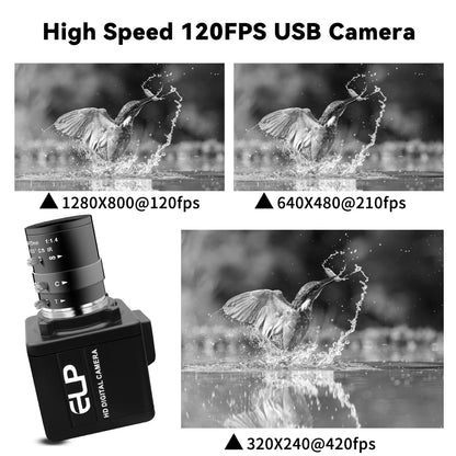 QILOVE Global Shutter USB Camera – 800P Monochrome Ultra High Speed 640fps[120/210/420fps Modes] – Manual Focus 2.8-12mm CS Lens – Compatible with Raspberry Pi, Linux, Mac & Windows