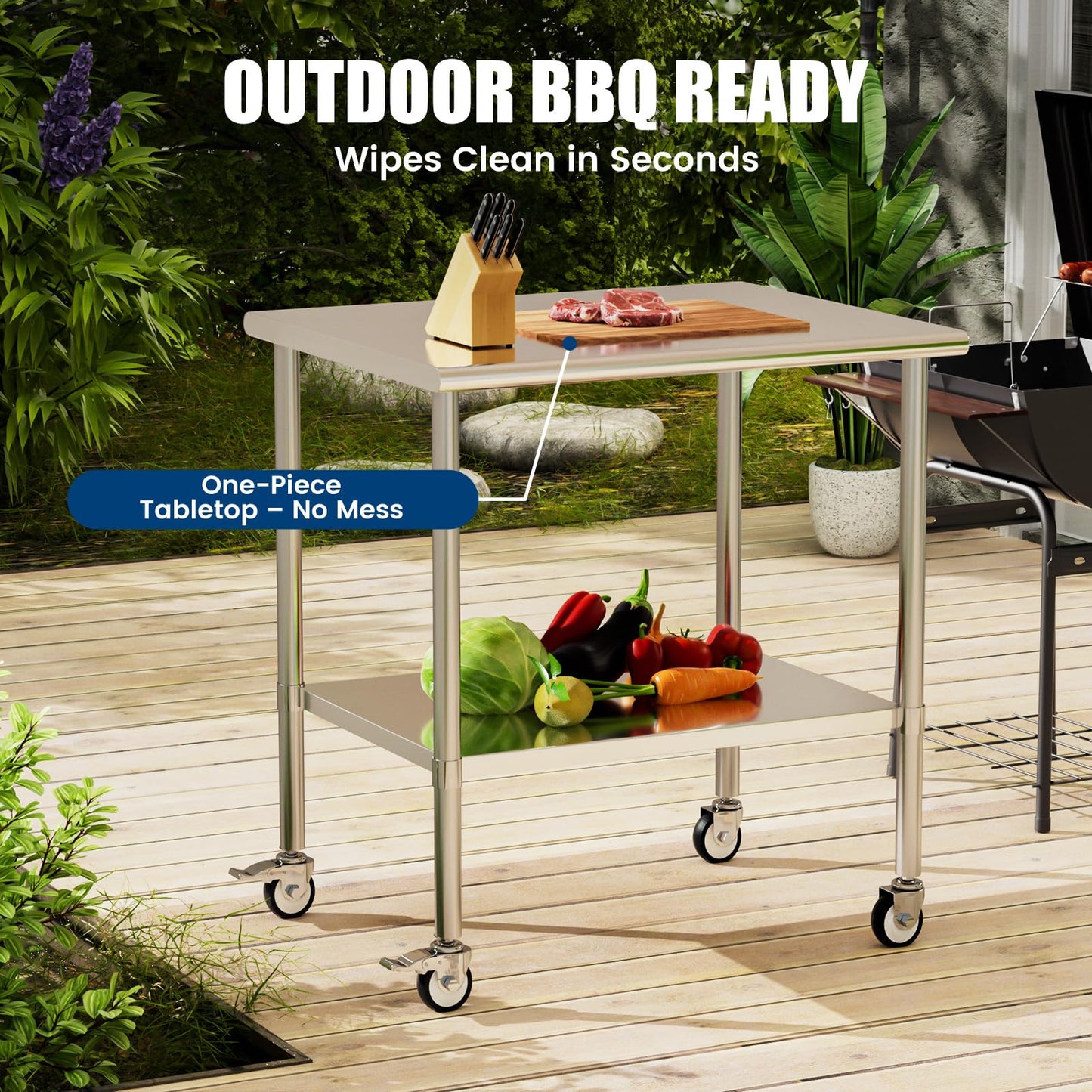 Chingoo Stainless Steel Work Table with Wheels, 30x36 Inch NSF Kitchen Prep Table with Adjustable Undershelf for Commercial Restaurant, Garage, Outdoor BBQ