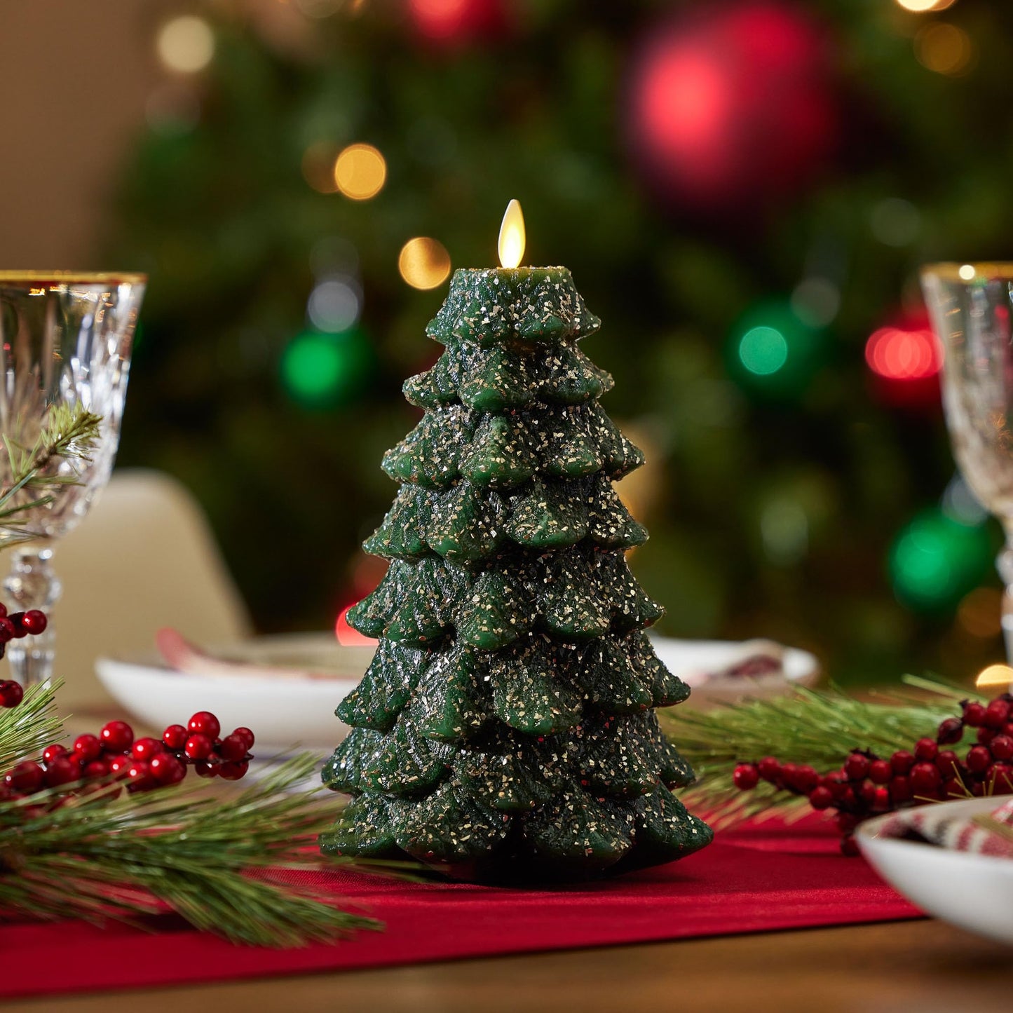 Luminara Christmas Tree Flameless LED Candle, Dark Green 5.35" x 8.5", Moving Flame Battery Operated Timer, Holiday Decor, Glitter Snow Finish Safe
