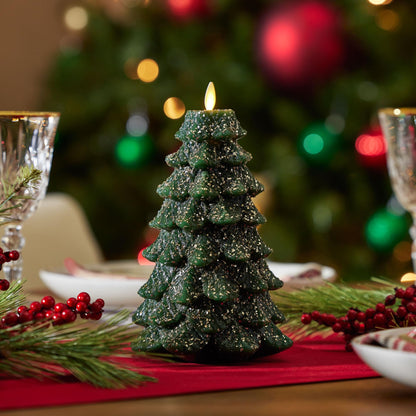 Luminara Christmas Tree Flameless LED Candle, Dark Green 5.35" x 8.5", Moving Flame Battery Operated Timer, Holiday Decor, Glitter Snow Finish Safe