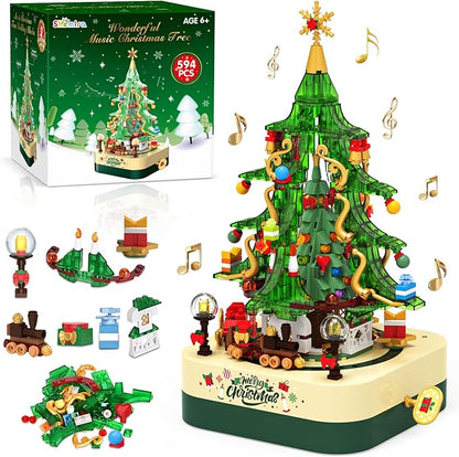 Shemira 594 PCS Christmas Tree Building Block Toy Set Rotating Christmas Music Box Toy Building Sets for Kids Boys Girls Teens Christmas Toys Decoration for Kids Adult Green