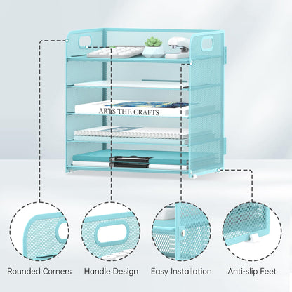 Supeasy 5 Trays Paper Organizer Letter Tray with Handle-Mesh Desk File Organizer, Paper Sorter Desk Organizer for Office, Home or School (Light Blue)