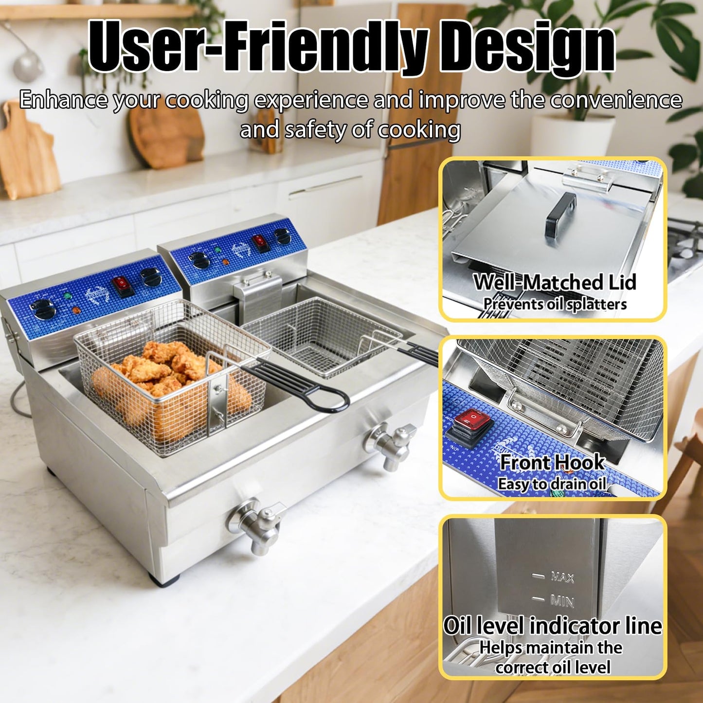 26L/27.4QT Commercial Deep Fryer with Oil Filtration and Timer, 120V Electric Deep Fryer with 2 Baskets and Lids, Countertop Commercial Fryer for Restaurant 3500W
