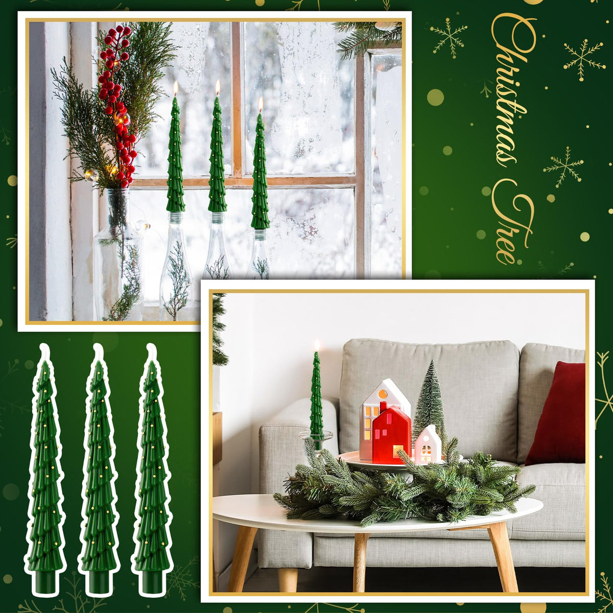 MTLEE Christmas Tree Shaped Taper Candles 10 Inch Unscented Christmas Tree Candles Decorative Aesthetic Xmas Relaxation Gifts for Centerpiece Decorations (Stylish,Green,6 Pcs)