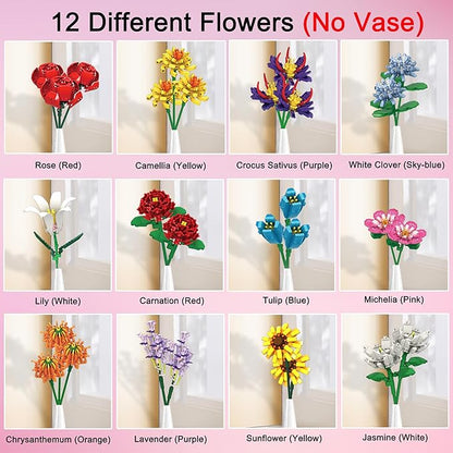 Flowers Bouquet Building Set 12 Artificial Flowers 1064 PCS Bricks Blocks Toy for Adults &amp Kids Botanical Collection Gift for Mother's Day Valentine Birthday Christmas (No Vase)