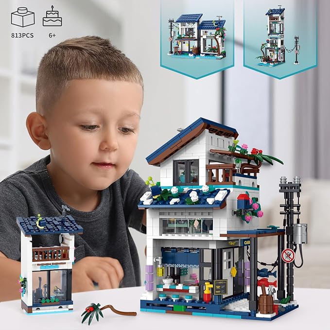 3 in 1 Beach House Building Set Compatible with Lego Friends Seaside Villa Construction Educational Toy with Light Birthday Gift for Kids Girls Aged 8-12 (813 PCS)