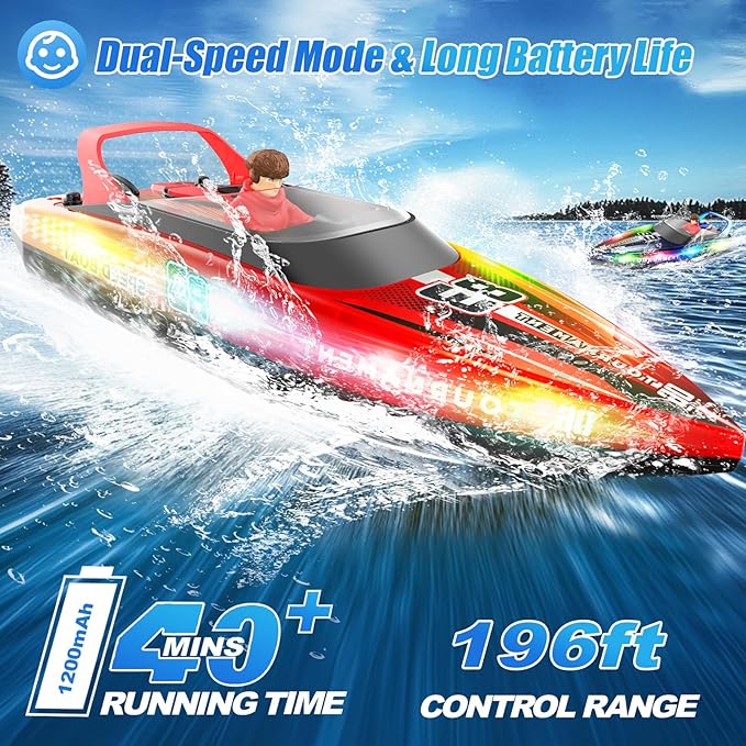 RC Boat with LED Lights 40+ Mins Self-Righting Waterproof Remote Control Boat for Pools Lakes Bathtubs Summer Water Toys for Kids Radio Controlled Watercraft (Red)