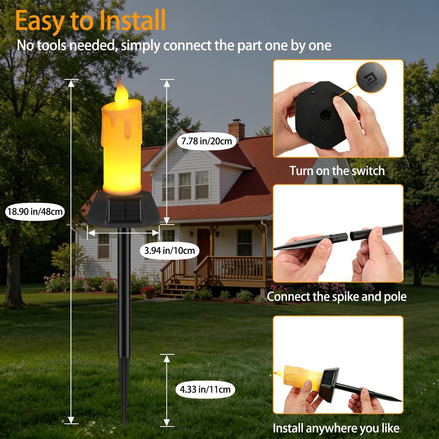 Solar Flameless Candles Outdoor Waterproof, Patented Dual-LED Flickering Flame 7" Dripping Wax Pillar with Detachable Stake, 3-Sided Solar Base for Patio, Cemetery (4 Pack)