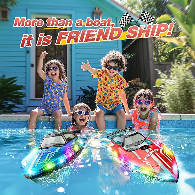 RC Boat for Kids with LED Lights 2.4Ghz Remote Control Racing Boats for 8-12Toy Water Boat for Pools &amp Lakes with WaterproofRechargeable Battery for Boys Girls RED