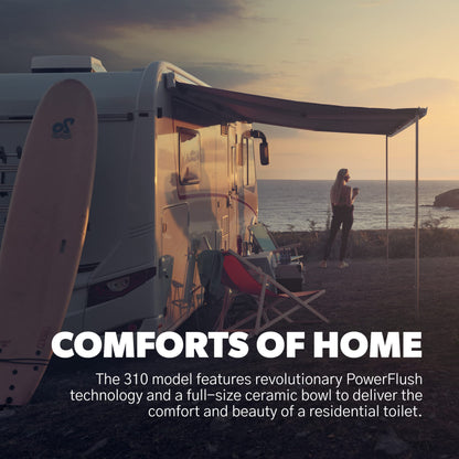 Dometic 310 Standard Toilet - White, Oblong Shape, Lightweight and Efficient with Pressure-Enhanced PowerFlush and Slow Close Seat Cover - Perfect for Modern RVs (302310081)