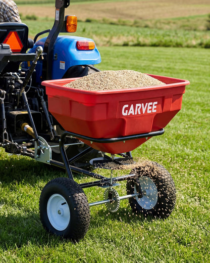 125 LBS Heavy Duty Tow Behind Broadcast Spreader, Adjustable Flow with 30 Settings, 9.8ft Spreading Width, Universal Hook for UTV/ATV/Tractor, Padded Control & Tool Pouch, Compatible with Fertilizer/G