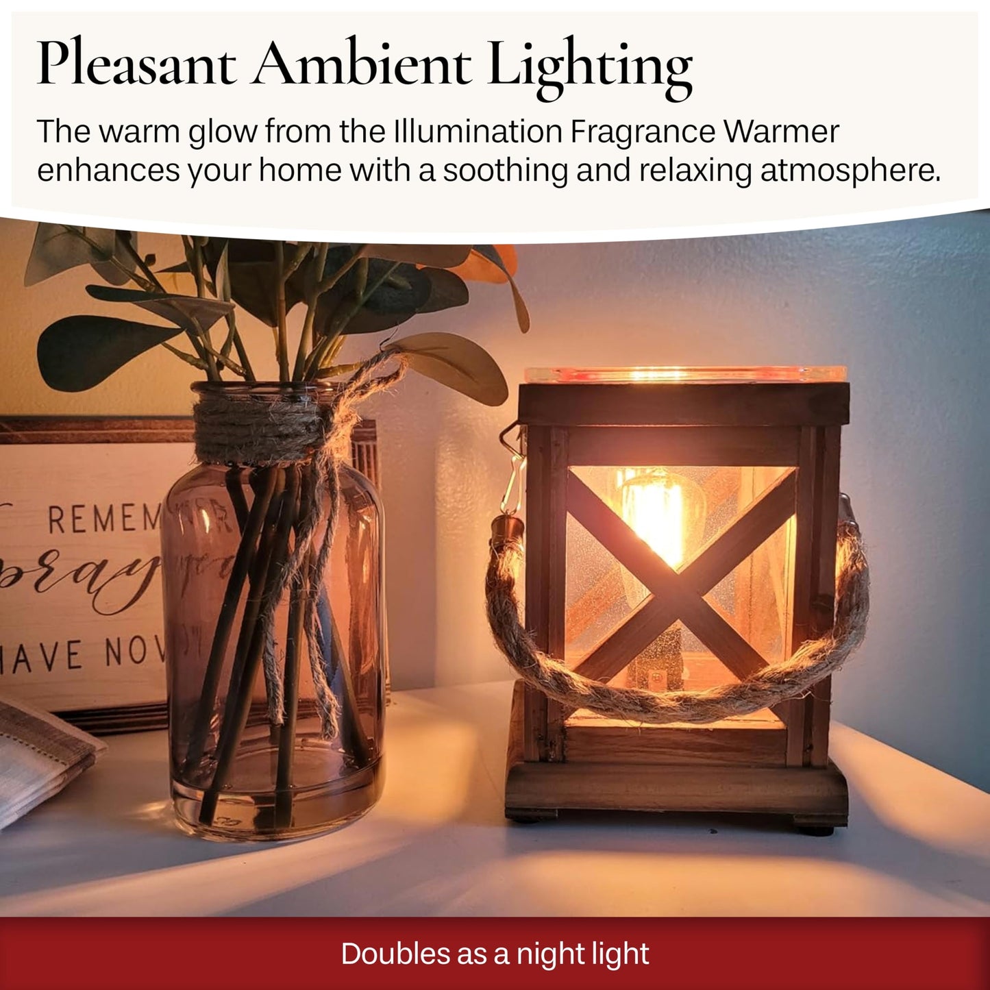 Candle Warmers ETC. Vintage Bulb Illumination Fragrance Warmer- Light-Up Warmer for Warming Scented Candle Wax Melts and Tarts to Freshen Room, Walnut & Rope