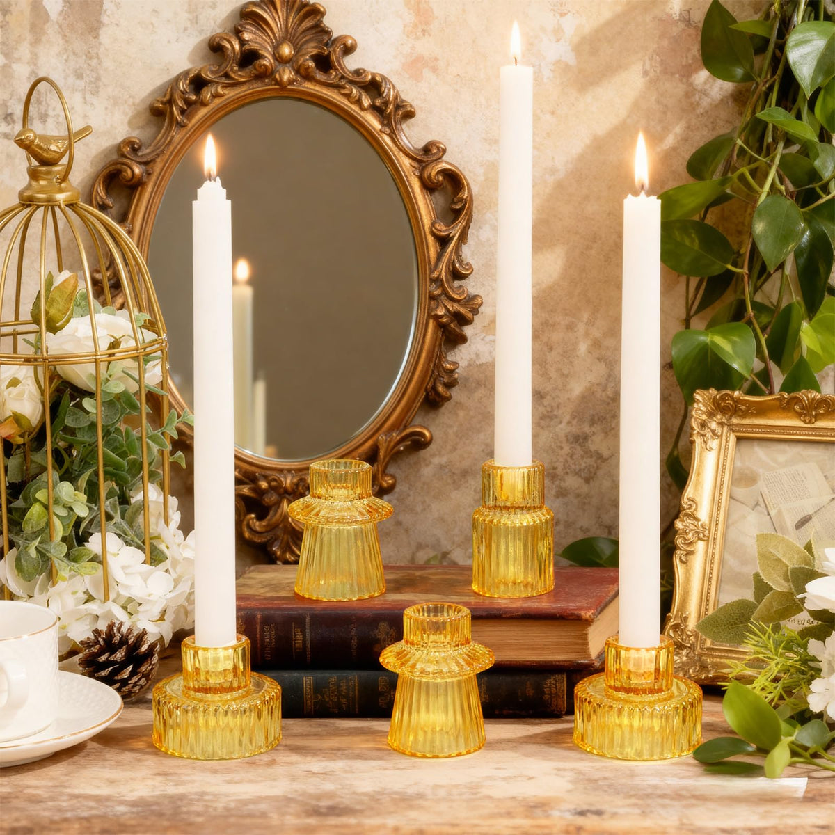 WELLIFE 3 Pcs Amber Glass Candle Holder, Taper Candle Holder, Amber Glass Candlestick Holder for Party, Wedding Decorations, Table Centerpieces and Thanksgiving