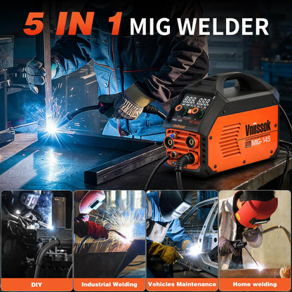 145A MIG Welder,110V/220V multiprocess welder, Gas Gasless MIG Welding Machine, 5 in 1 MIG/MMA/Lift TIG/Flux cored 0.8/Flux cored 1.0, LED Digital Display Synergic Control Aluminum Welding Machine