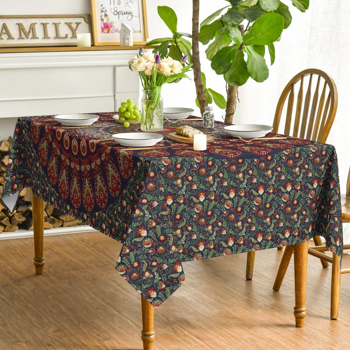Horaldaily Rectangular Tablecloth 60x140 Inch, Boho Bohemian Psychedelic PeacockMandala Washable Seasonal Table Cover for Party Picnic Dinner Decor