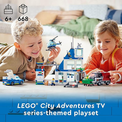 LEGO City Police Station with Van Garbage Truck &amp Helicopter Toy 60316 Gifts for 6 Plus Year Old Kids Boys &amp Girls with 5 Minifigures and Dog Toy