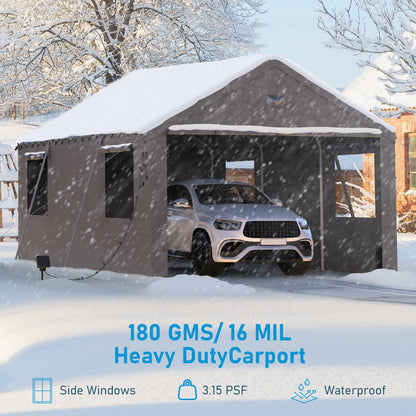 Benass 12x20 FT Heavy Duty Carport Canopy, Drive-Through Portable Garage with Roll-up Doors, Screened Windows, Removable Sidewalls, All-Weather Waterproof Shelter for SUV, Boat & Outdoor Storage