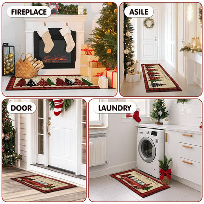 StepRite Kitchen Mats for Floor, 2 PCS Christmas Kitchen Rugs, Non-Slip Bottom with Christmas Tree Print, Low-Profile Mat for Home, Office, Sink, Kitchen,Hallway,Holiday Decor(17”x30”+17”x47”-Red)