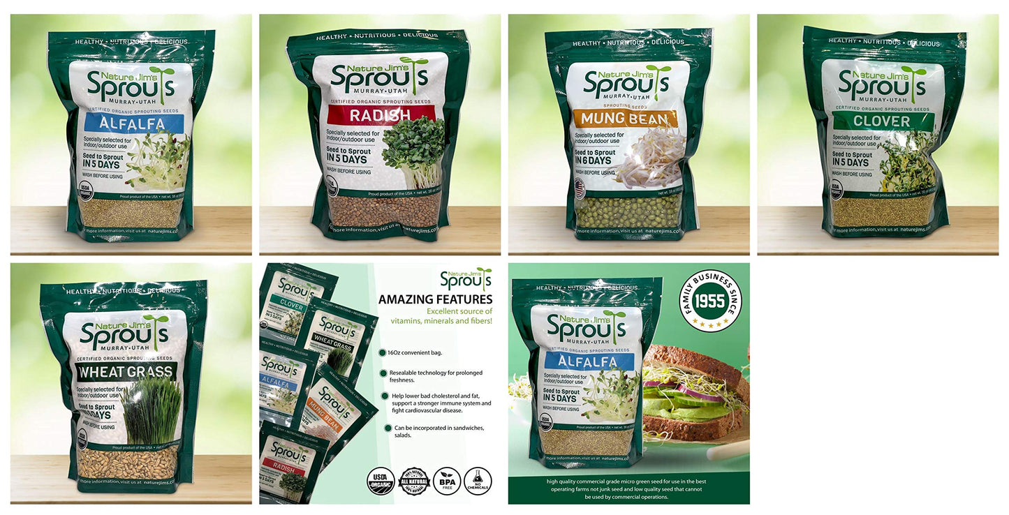 Nature Jims Premium Mung Bean Sprouting Seeds – 16 Oz – NON GMO- Resealable Bag for Longer Freshness – Rich in Vitamins, Minerals, Fiber