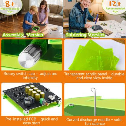 eUda+ STEM Tesla Lightning Kit for Kids&Adults Science Kits for Kids Age 12-14 Build Your Tesla Coil Kit Stem Kits for Kids Age 14-16 Soldering Practice Kit for Beginners 12+ (Soldering Version, RFG)