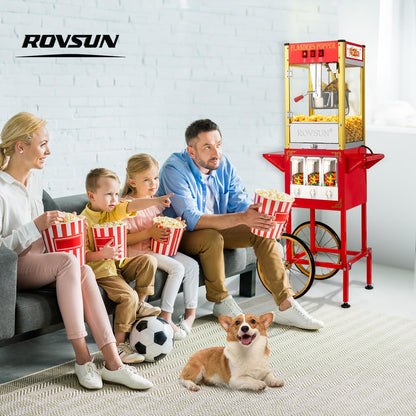 ROVSUN Popcorn Machine Cart with Candy Dispenser, 8 Oz Kettle Makes Up to 32 Cups ETL, Popcorn Maker w/Scoop, Oil Spoon, Bags & Cups, Movie Theater Style Popper for Commercial Home Party, Red