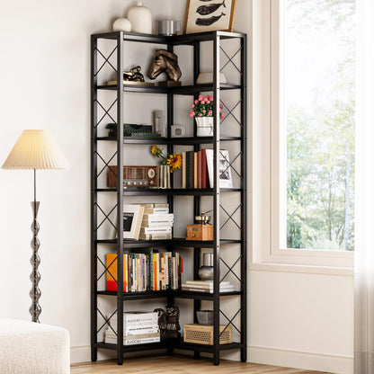 IRONCK Corner Bookshelf, 7-Tier Industrial Corner Bookcase, Tall Corner Shelf Storage Display Rack with Metal Frame for Living Room Home Office, Black