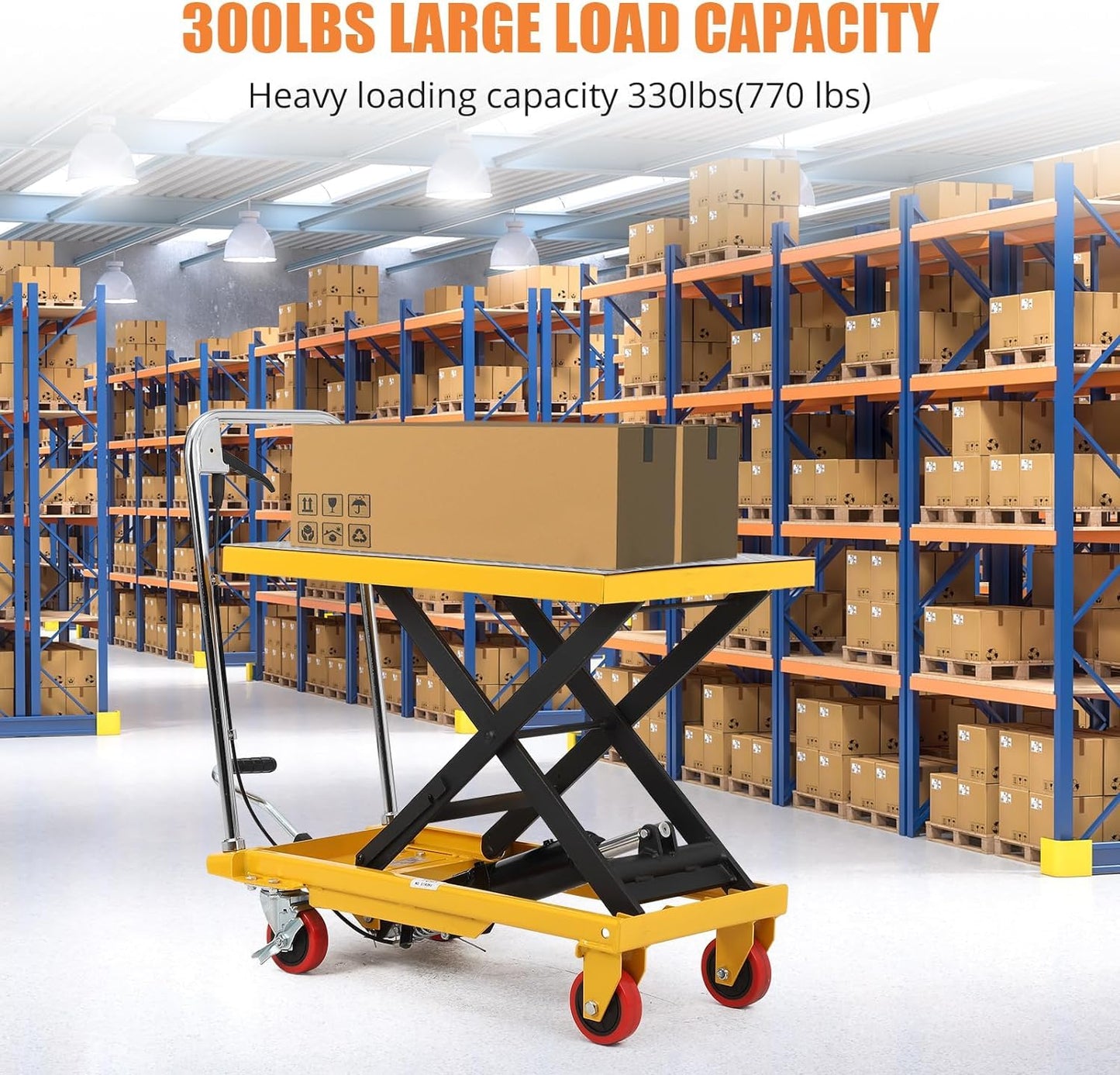 GarveeTech 330 LBS Hydraulic Lift Table Cart,Manual Single Scissor Lift Table Capacity 28.4 in with 4 Wheels and Non-Slip Pad for Material Handling and Transportation,Yellow