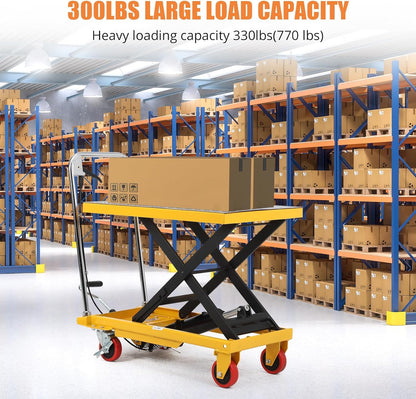 GarveeTech 330 LBS Hydraulic Lift Table Cart,Manual Single Scissor Lift Table Capacity 28.4 in with 4 Wheels and Non-Slip Pad for Material Handling and Transportation,Yellow