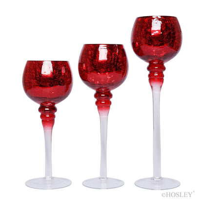 Hosley Set of 3 Crackle Red Glass Tealight Holders - 12 Inch, 10 Inch, 9 Inch Ideal for Weddings Special Events Parties Also Makes a Great Gift