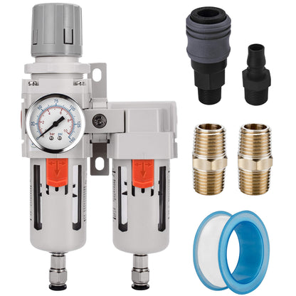 NANPU 3/8" NPT Air Dryer System - 5 Micron Particulate Filter, 0.5 Micron Coalescing Filter & Air Pressure Regulator, Water Trap Separator - Semi-Auto Drain,0-150 psi Gauge, Poly Bowl, Metal Bracket
