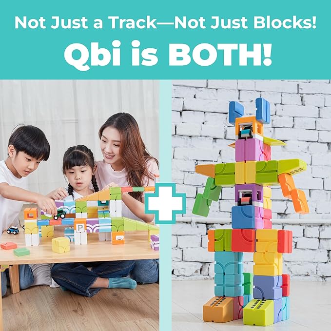 QBI Magnetic Building Blocks Car Track Set 46PCS STEM Learning Toys for Kids Ages 4-8 Sensory Magnetic Blocks with 2 Push-and-go Cars | Educational Montessori Magnet Cubes for Boys &amp Girls