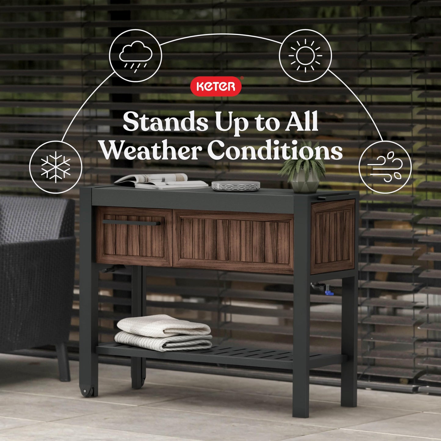 Keter Extendable Outdoor Bar Cart with Hidden Cooler, Storage Drawers & Prep Surface – Mobile Patio Serving Station with Drainage Kit & Hidden Wheels for Backyard, Garden & Poolside Entertaining