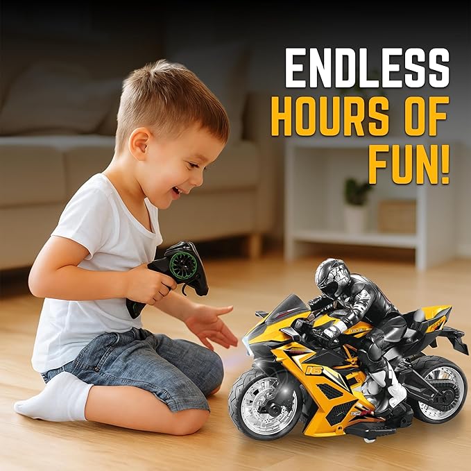 Liberty Imports 2.4G RC Remote Control Stunt Motorcycle with Riding Figure 1:10 Scale High Speed Cross Country 360 Degree Rotation Drift Shockproof Racing Motorbike (Yellow)